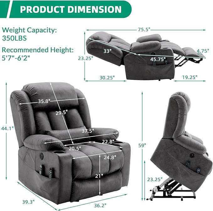 VIVIJASON Tall Man Large Dual Motor Power Lift Recliner Chair with Extended Footrest, Oversized Lay Flat Sleeper Electric Recliner W/Heat & Massage, Lumbar Pillow, USB & Type-C Ports, Gray