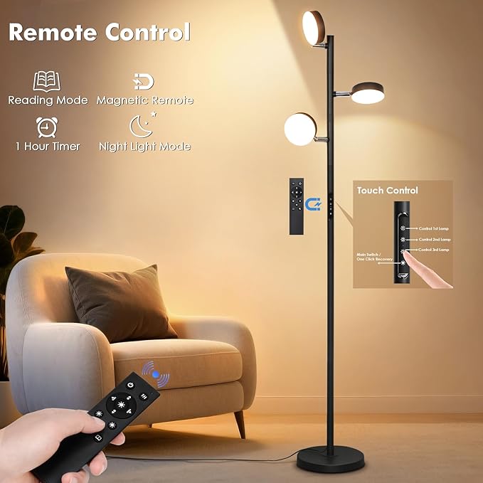Tree Floor Lamp for Living Room - Modern Black Standing Lamp, LED Floor Light with Remote & Touch, 3000K-6000K Dimmable for Bedroom Office Reading (3 Head)