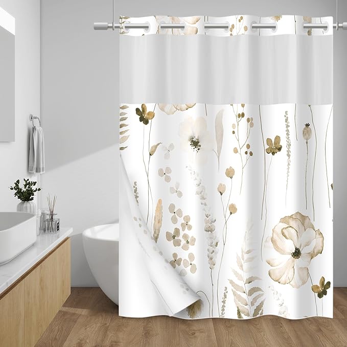 No Hook Shower Curtain with Snap in Liner - Floral Shower Curtain - Fabric Waterproof Inner Liner, Plants Watercolor Beige Modern Cloth Shower Curtains - Machine Washable, 71 x 74