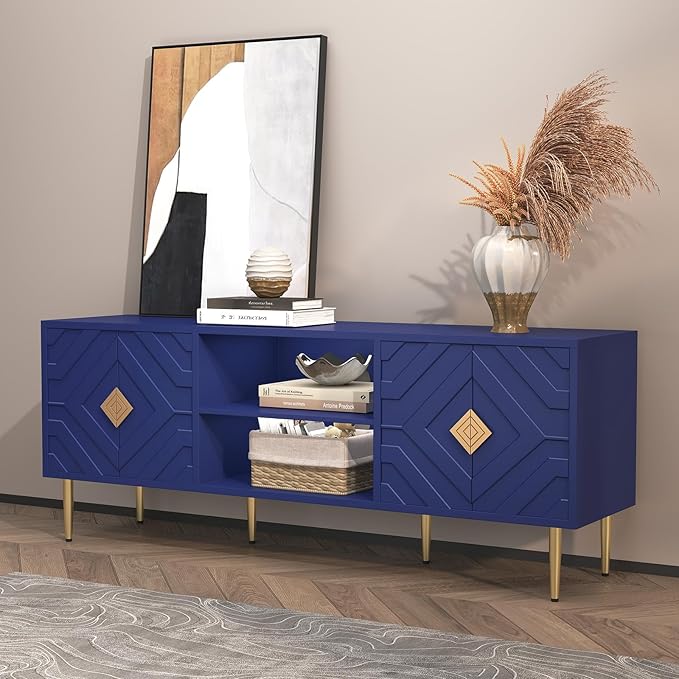 HLR 63''Modern TV Stand for 65/70/75 inch TV, Entertainment Center with Storage Cabinet, Mid Century Blue TV Stand,Embossed Pattern TV Console, TV Media Console for Living Room, Bedroom