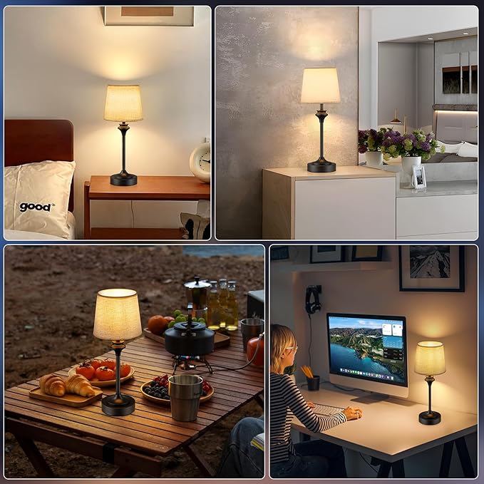 NIORSUN Portables Cordless Table Lamp Set of 2, Battery Operated Lamp, Bedside Table Lamp with Warm White,3 Way Dimmable Touch Desk Lamp for Bedroom Living Room Restaurant Whtie Shade (Black)