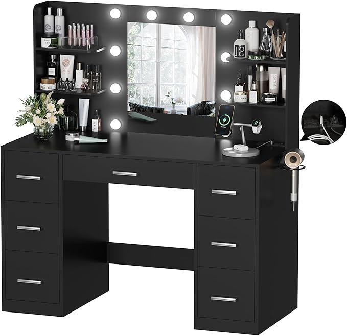 YESHOMY Vanity Desk with Mirror, Power Outlet and 10 Lights, Makeup Table with 7 Drawers, 3 Color Modes Available for Bedroom, Dark Black