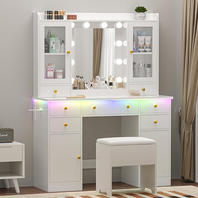 Vanity Desk with Mirror and Lights, 43" White Makeup Vanity Set with 5 Drawers & Glass Cabinets, Storage Stool, Power Outlet & Adjustable LED Lights, Dressing Table for Women & Girls Bedroom