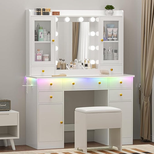 Vanity Desk with Mirror and Lights, 43" White Makeup Vanity Set with 5 Drawers & Glass Cabinets, Storage Stool, Power Outlet & Adjustable LED Lights, Dressing Table for Women & Girls Bedroom