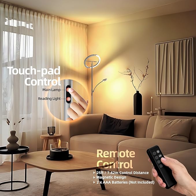 FIMEI Split Floor Lamp Modern LED Rotatable Floor Lamp with Reading Light, Eye-Protection Reading Standing Lamp with Stepless Dimming and 3000K-6000K Color, Separately Rotatable Design, Gray