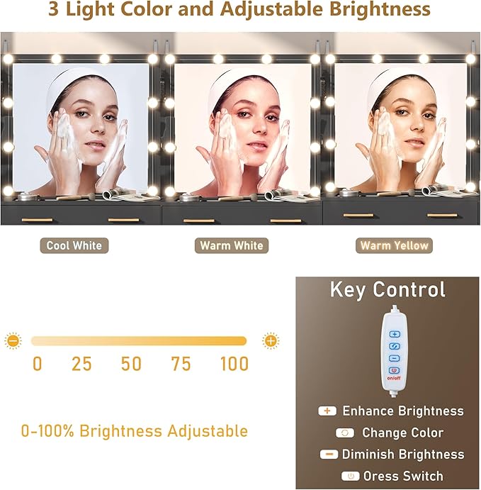 Glass Top Vanity Desk with Mirror and Lights, Large Vanity Makeup Mirror Desk with Charging Station Compartment Storage Drawers, Modern Makeup Vanity with 9 Drawers 6 Shelves, Black