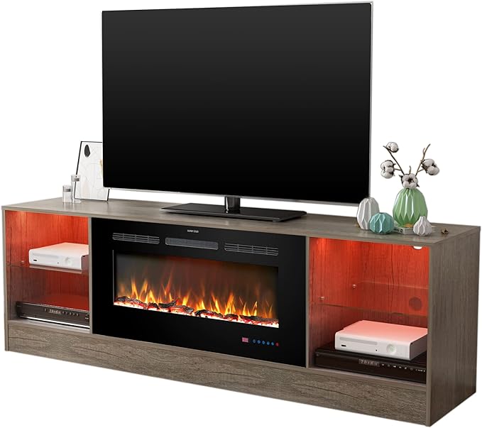 72" Fireplace TV Stand, Entertainment Center with 36" Electric Fireplace, LED Light Wood Storage Cabinet Table, Media Console for TVs Up to 80", Thermostat, 13 Flame Colors, Grey