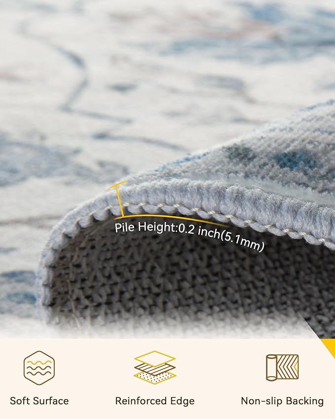 Area Rugs 4ft Washable Non-Slip, Floral Vintage Distress Print Pattern Medallion Carpet for Living Room Bedroom Dining Room, Light Blue Navy Beige Gray White