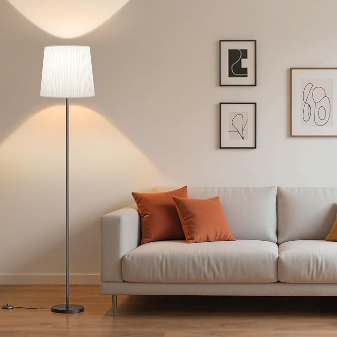 Floor Lamp with Pleated Shade - Dimmable LED Standing Lamp with Foot Switch, 3 Color Temps, 9W E26 Bulb Included, 62" Floor Reading Light for Living Room Bedroom Office Corner, Black