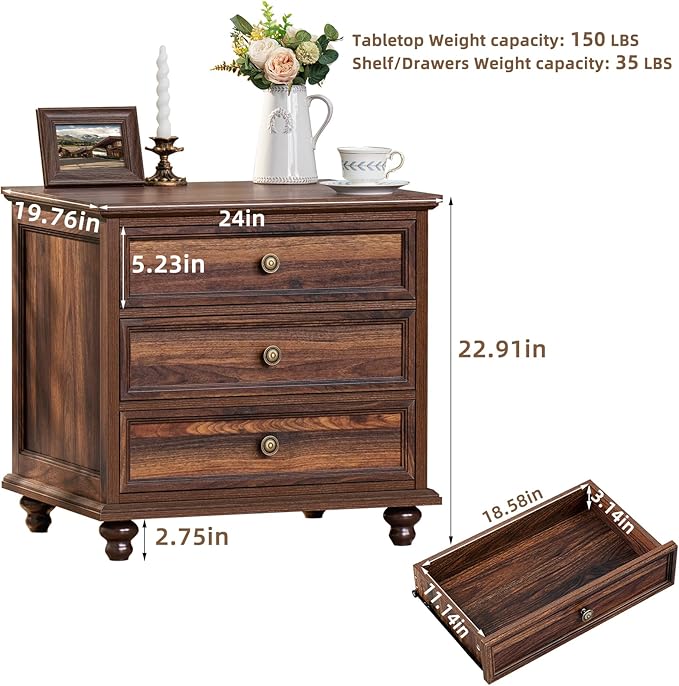 24" Wide Farmhouse Night Stand Set of 2,Large End Table with 3 Drawers & Metal Handle,Wood Dresser for Bedroom,Bed Side Table Chest of Drawers Cabinet,Brown Nightstand for Living Room,Closet