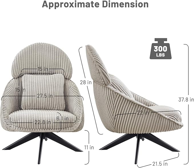 Furniliving Modern Living Room Chair, Swivel Accent Chair for Living Room Desk Chair with Arms Bedroom Chair with Headrest Sofa Chair Side Chair with Pillow Armchair,Corduroy, Grey
