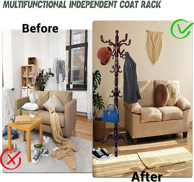 73" Wooden Coat Rack Stand,Coat Racks Freestanding With 14 Hooks And Solid Round Base Heavy Duty Adjustable Height Hall Tree Coat Rack for Entryway Hallway Foyer Office Bedroomf (3-Legged Redwood)