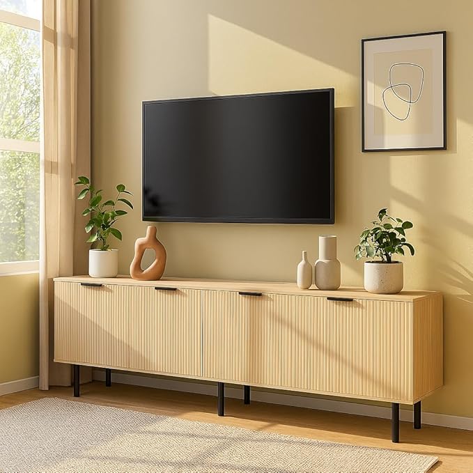 Oak TV Stand for TVs up to 80 Inch,Mid Century Modern TV Console,TV Stands for Living Room & Bedroom,Entertainment Center with Storage,Entertainment Stand,TV Cabinet for 55,60,65,70,72,75,80 Inch TV