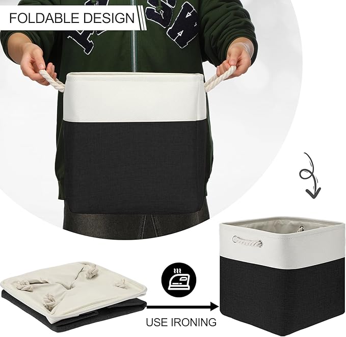 meekoo 8 Pack Collapsible Storage Bins Fabric Storage Bins Polyester Fabric Baskets with Handles Linen Closet Organizer for Shelf Home Closet Towels Toys(12 x 12 x 12 in,Black White)