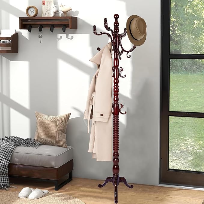 Coat Racks Freestanding, Natural Wood Coat Stands with 14 Hooks, 73" Heavy Duty Adjustable Height Vintage Hall Tree for Entryway, Bedroom, Office, Easy Assembly (Triangular Rosewood)