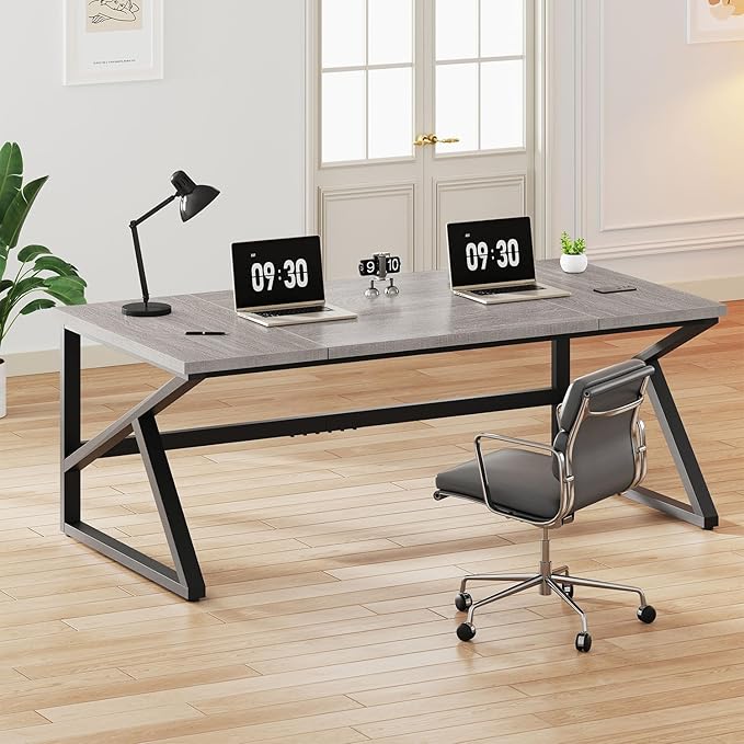 IBF 70 Inch Large Home Office Desk, Industrial Long Executive Work Writing Study Computer Table, Farmhouse Big Metal Wood Double Desk for Bedroom Living Room, Rustic Dual Monitor Desk, Light Grey