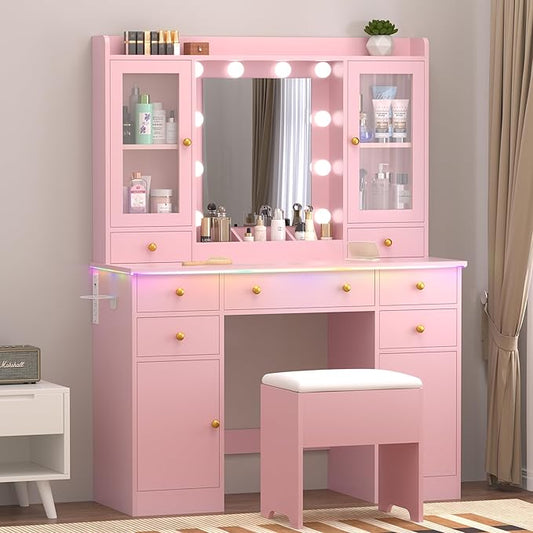 Vanity Desk with Mirror and Lights, 43" Pink Makeup Vanity Set with 5 Drawers & Glass Cabinets, Storage Stool, Power Outlet & Adjustable LED Lights, Dressing Table for Women & Girls Bedroom