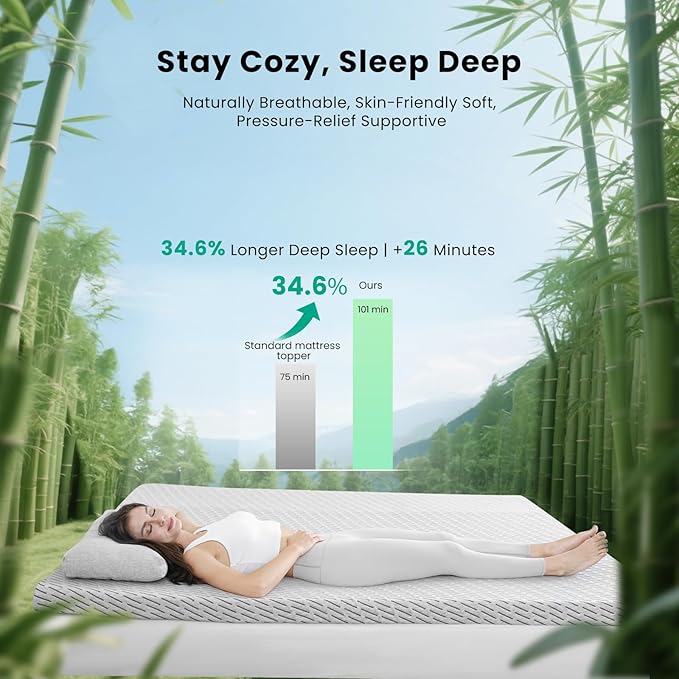 Bamboo Mattress Topper Full Size 4 Inch, Cooling Gel & Bamboo Charcoal Memory Foam Mattress Topper for Back Pain Relief, Firm Dual-Layer Foam Bed Pad with Removable Cover