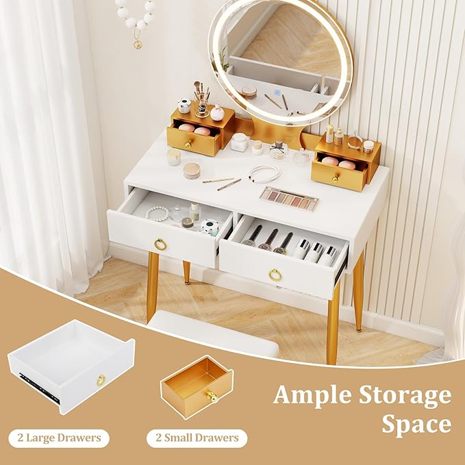 CHARMAID Vanity Desk with Mirror and Lights, Makeup Vanity with 4 Storage Drawers, 3 Lighting Modes, Adjustable Brightness, Modern Vanity Dressing Table with Stool for Bedroom, White & Gold