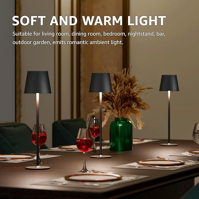uuffoo 3 Pack Rechargeable Table Lamp Battery Operated Cordless Table Lamps with 3 Colors Stepless Dimming, Desk Night Light for Restaurant, Patio, Bedroom, Bar (Black)