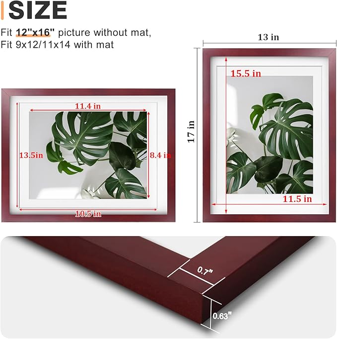Egofine 12x16 Picture Frames with Plexiglass, Display Pictures 9x12/11x14 with Mat or 12x16 Without Mat for Wall Mounting, Cherry Red