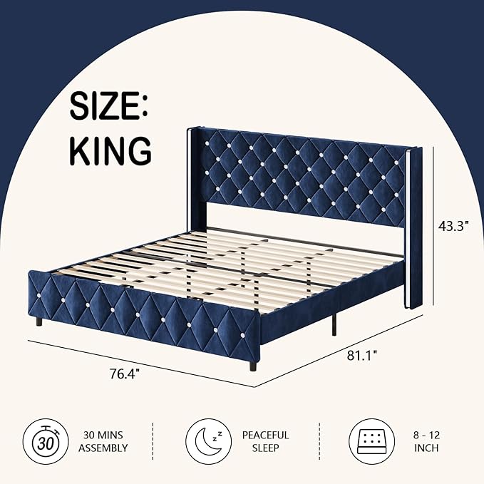 HOMBCK King Size Bed Frame with Headboard, Upholstered Bed with Diamond Tufted Design Design, Modern King Size Bed with Wingback, No Box Spring Needed, Easy Assembly, Blue