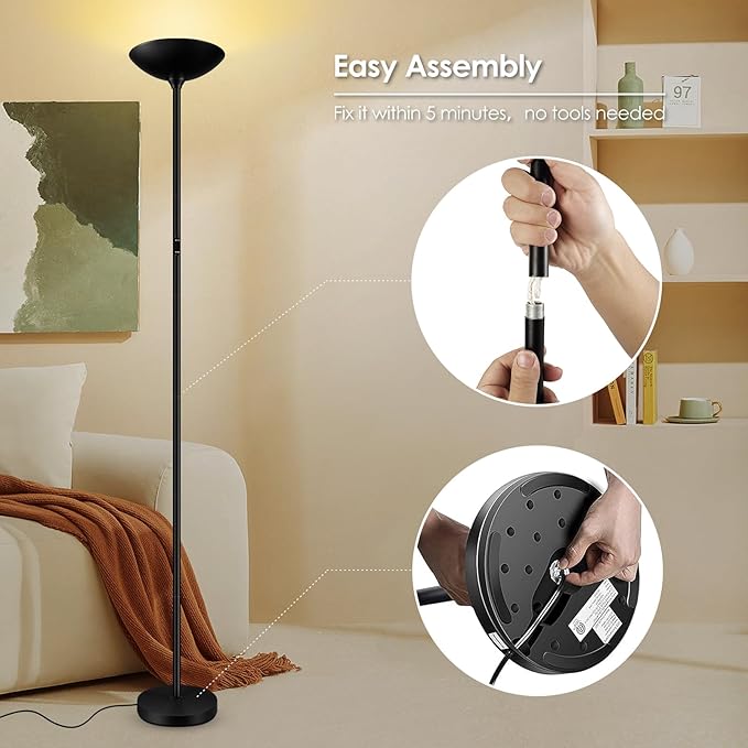 Stepless Dimmable Floor Lamp,30W 3000LM Super Bright LED Torchiere Floor Lamps with Remote & Touch Control,71 in Tall Modern Standing Lamp for Living Room Bedroom Office,2700k-6500k,Black