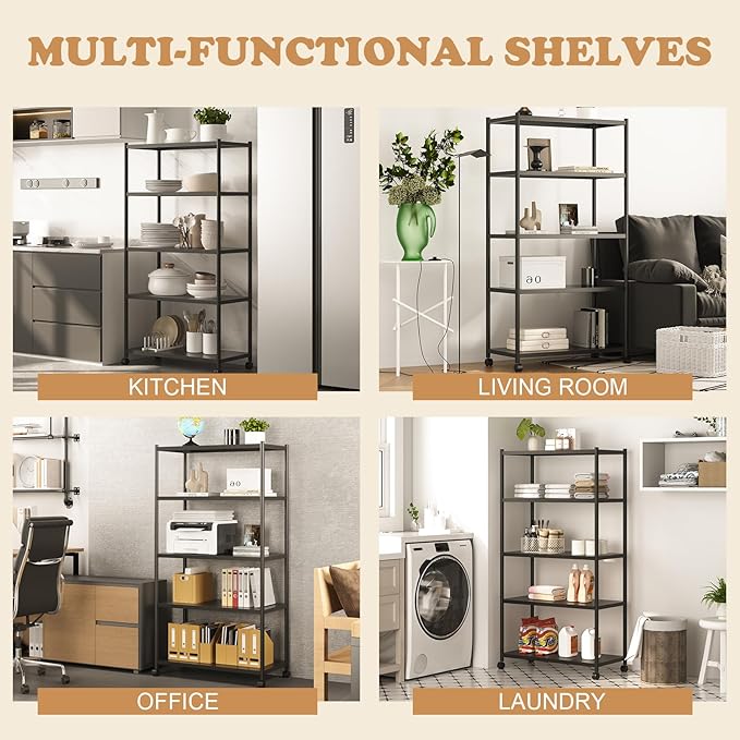 ZZL 5 Tier Large Bookshelf 31.49" Width,Tall Book Shelf Storage and Organization w/Wheels,Industrial Book Shelves for Home Office,Bedroom,School,Living Room(Black)