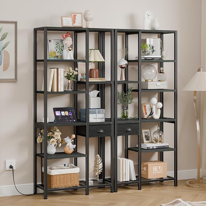 Furologee 6 Tier Bookshelf with USB Ports and Power Outlet, Book Shelf with Charging Station, Bookcase with Drawer, Storage Shelves for Bedroom, Home Office, Living Room, Bathroom, Black Oak