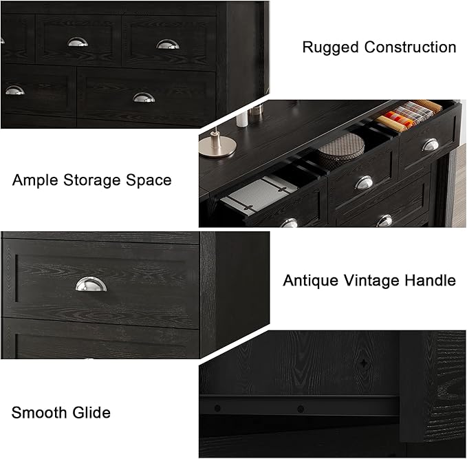 Wananlanen® Farmhouse Dresser for Bedroom, Antique Double Dresser & Chest of Drawer with Vintage Handle and Storage, Wooden Tall Rustic Organizer for Bedroom