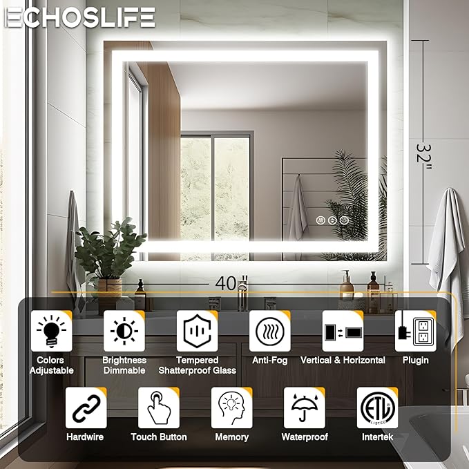 40"x32" LED Bathroom Mirror for Wall, Front and Backlit, Anti-Fog Vanity With Lights, Stepless Dimmable, 3 Colors Smart (Horizontal/Vertical)