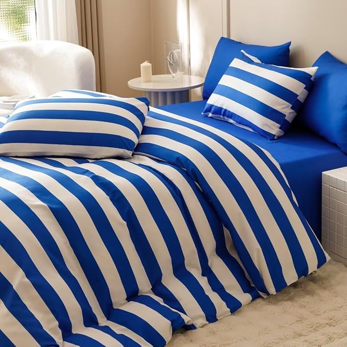 CLOTHKNOW Blue Striped Queen Comforter Set Farmhouse Bedding Comforter Sets Boho Comforter Queen Farmhouse Comforter with 2 x Pillow Cases