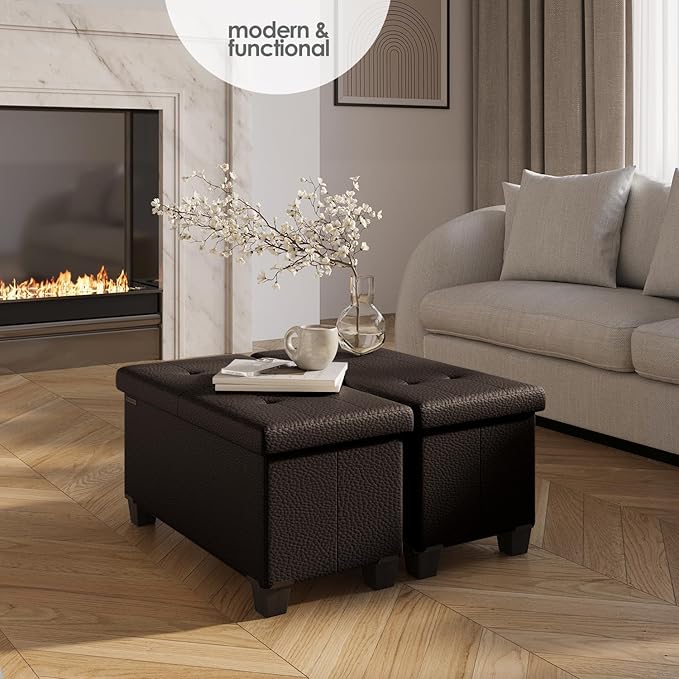 STORAGEBUD Storage Ottoman Bench with Bins, 30-in Storage Bench for Bedroom End of Bed, Folding Foot Rest Ottoman for Living Room Max 660lbs, Faux Leather Ottomans, Brown