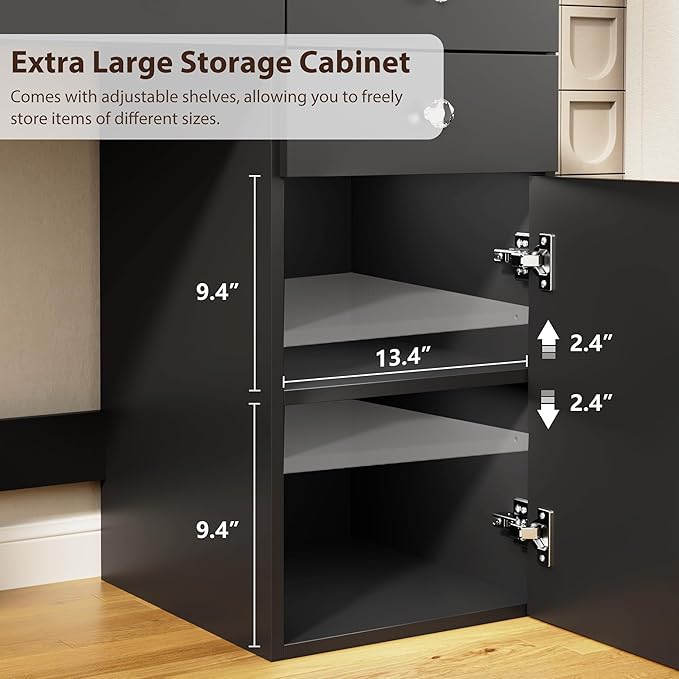 Vanity Desk with Mirror and Lights, 41.4'' Makeup Vanity Desk with 4 Drawers and Large Cabinet, 3 Lighting Modes Adjustable Brightness, Black Vanity with Power Outlet for Bedroom