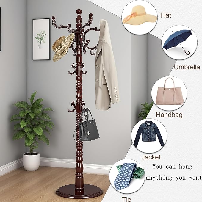 73”Vintage Wooden Coat Rack Freestanding With 14 Hooks and Sturdy Round Base。3-level Adjustable Vintage Wooden Coat Rack.Coat Rack Stand for Living Room Bedroom Office