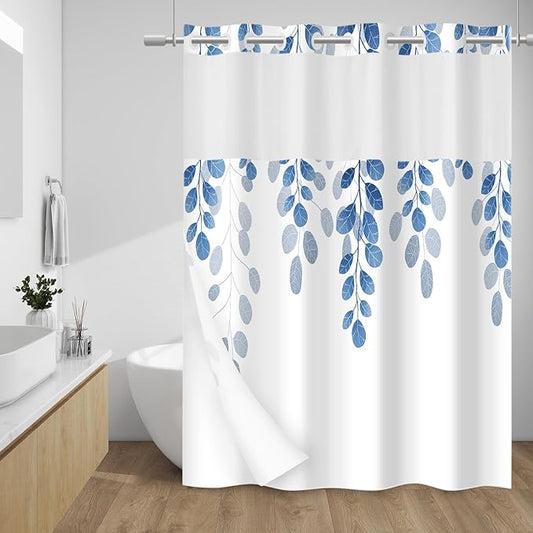 No Hook Shower Curtain with Snap in Liner - Eucalyptus Shower Curtain - Fabric Waterproof Inner Liner, Plants Blue Leaves Farmhouse Cloth Shower Curtains - Machine Washable, 71 x 74 Inch