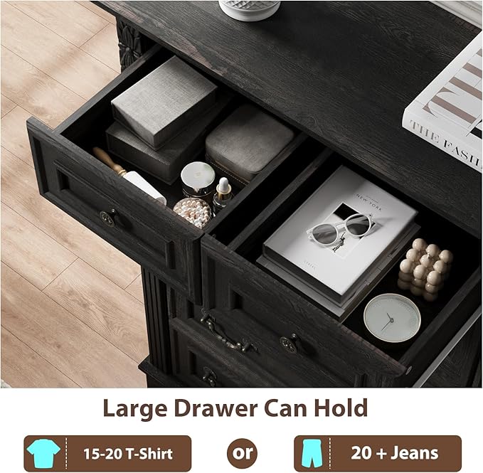 BLANKSPACE Black Dresser for Bedroom, Farmhouse 6 Drawers Dresser,Tall 6 Chest of Drawers Cabinet with Thickened Wood Carving for Home Office,Hallway