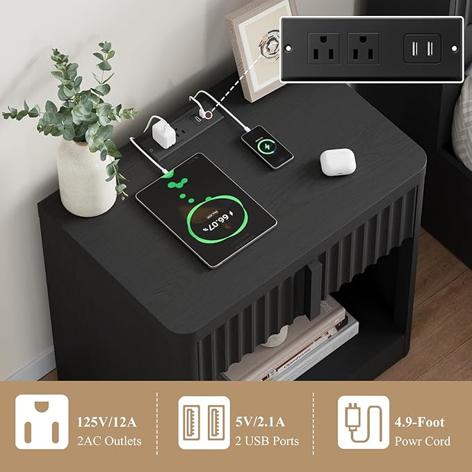 Fluted Nightstand Set of 2 with Charging Station, 23.6" Wood End Table with Solid Wood Handle, Curved Profile Design, Mid Century Moden Bedside Table for Bedroom, Living Room, Black