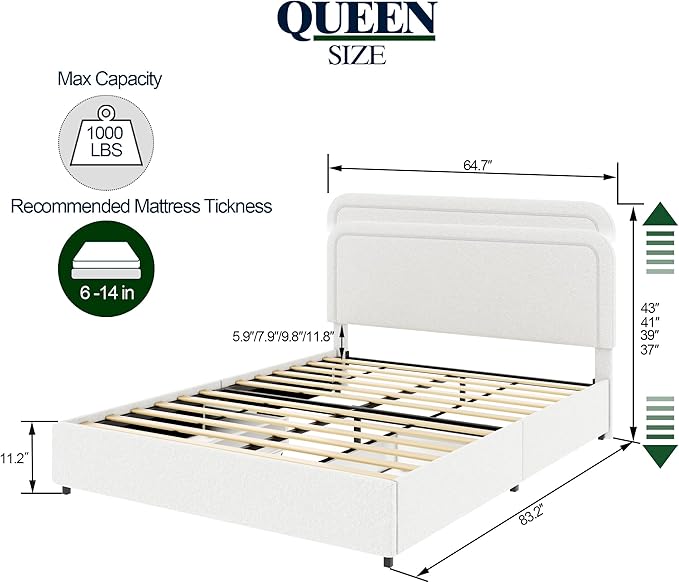 GDFStudio Upholstered Bed with Storage,Queen Size Platform Bed Frame with 2 Drawers,Curved Stitched Tufted Headboard, Wooden Slat Mattress Support No Box Spring Needed Easy Assembly, Ivory Boucle