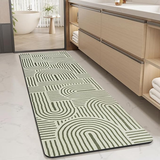 MontVoo -Bath Mat-Non Slip Thin Bathroom Rugs Fit Under Door- Quick Dry Absorbent Faux Suede Surface Grey Bathroom Floor Mats-Shower Rug for in Front of Bathtub Shower Ivory & Green Arched 17x59