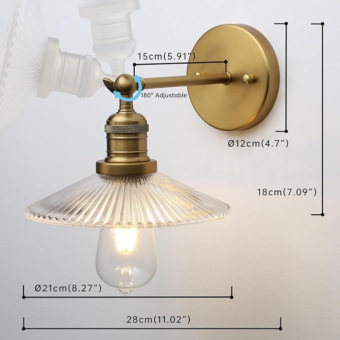 Industrial Vintage Wall Sconce 1-Light with Funnel Ribbed Clear Glass Shade, Indoor Wall Mounted Lamp Fixture for Living Room Bedroom Bathroom Over Kitchen Sink