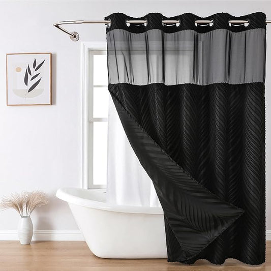 no Hook Shower Curtain and Liner Set，Boho Style with See Through Top Window, Black Fabric Tufted Striped Textured Outer Curtain & Waterproof Inner Liner, DarkBlack, 71Wx77H