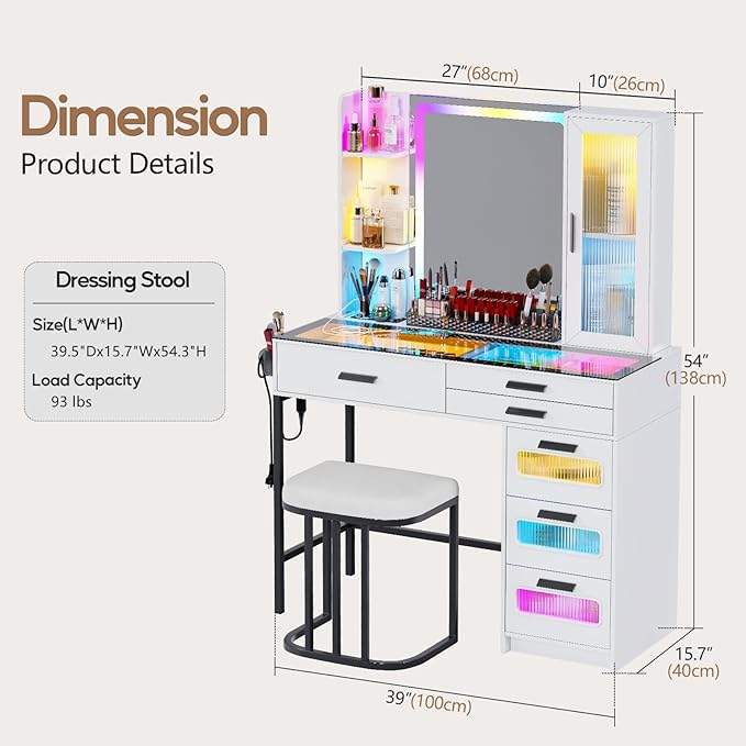 Vanity Desk with Mirror and RGB Lights，Glass top Makeup Vanity Table Set with Stool & Charging Station, Dressing Table with RGB Cabinet,6 Drawers,Lipstick Grid for Bedroom,White