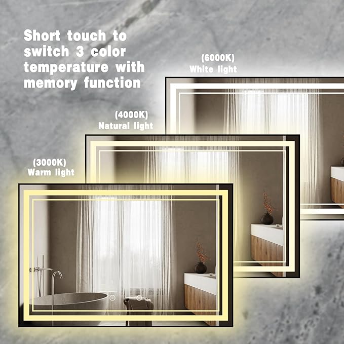 48" x 32" LED Bathroom Mirror with Lights Framed LED Mirror for Bathroom Backlit and Front Lighted Bathroom Mirror Black Square Aluminum Frame Anti-Fog Dimmable Adjustable Shatter-Proof