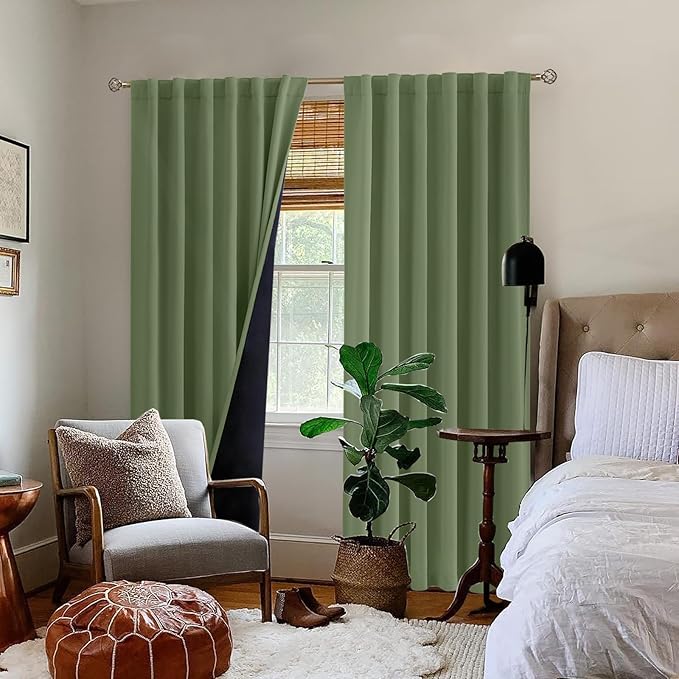 BGment Full Blackout Curtains with Thermal Insulation Liner Curtains 90 Inches Long, Rod Pocket and Back Tab Double Layer Room Darkening Window Curtain for Bedroom(52 x 90 Inch, 2 Panels, Grass Green)