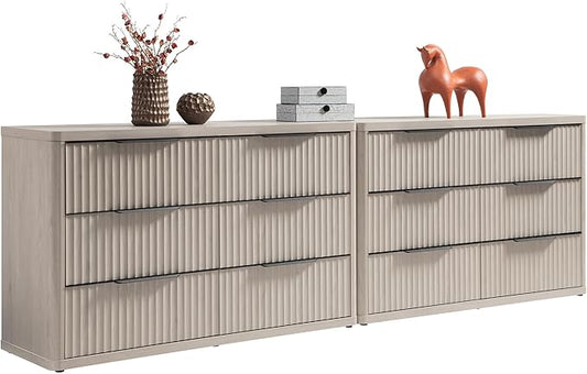 SICOTAS Dresser for Bedroom 6 Drawer Dressers & Chests of Drawers for Closet Long Large Modern TV Stand Set for Clothes Storage Fluted Wide Clothes Closet for Hallway Entryway (White Alder, 2 Pieces)