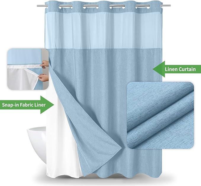 No Hooks Needed Linen Textured Shower Curtain with Snap-in Fabric Liner Set,Hotel Luxury Decor Waterproof Shower Curtains for Bathroom with Mesh Top Window,Washable,71Wx74H,Fog Blue