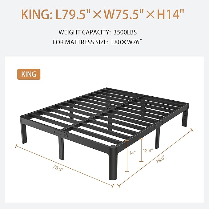 King Bed Frame Black, 14 Inch Metal King Size Bed Frame No Box Spring Needed, DIY Headboard Holes, Heavy Duty Steel Support 3500 LBS, Noiseless, Round Corner Legs, Storage Space, Easy Assembly