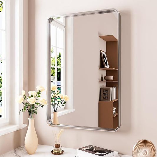 Brushed Nickel Bathroom Mirror 24x32 Inch, Brushed Silver Metal Frame Mirror Wall Mounted, Rounded Rectangle Bathroom Vanity Mirror, Tempered Glass, Anti-Rust, Horizontal/Vertical