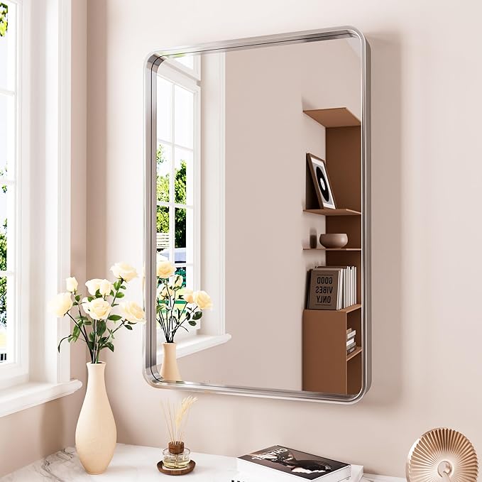 Brushed Nickel Bathroom Mirror 24x36 Inch, Brushed Silver Metal Frame Mirror Wall Mounted, Rounded Rectangle Bathroom Vanity Mirror, Tempered Glass, Anti-Rust, Horizontal/Vertical